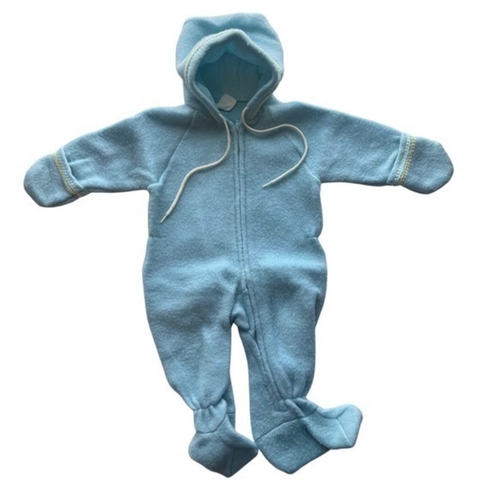 Vtg Baby Fleece Footed Pajama Snowsuit Bunting Sleep Sack Blue 0-9 Months Hooded